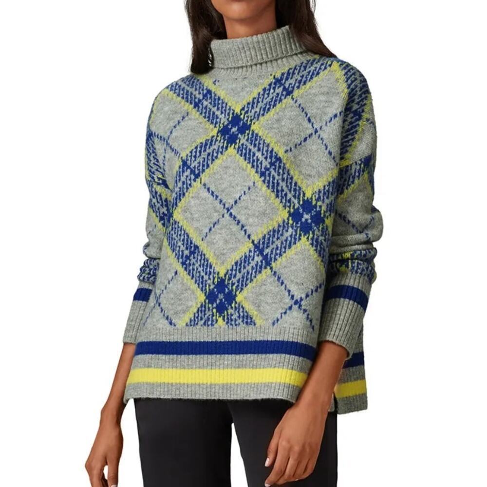 Central Park West Blue Plaid Turtleneck Sweater size large